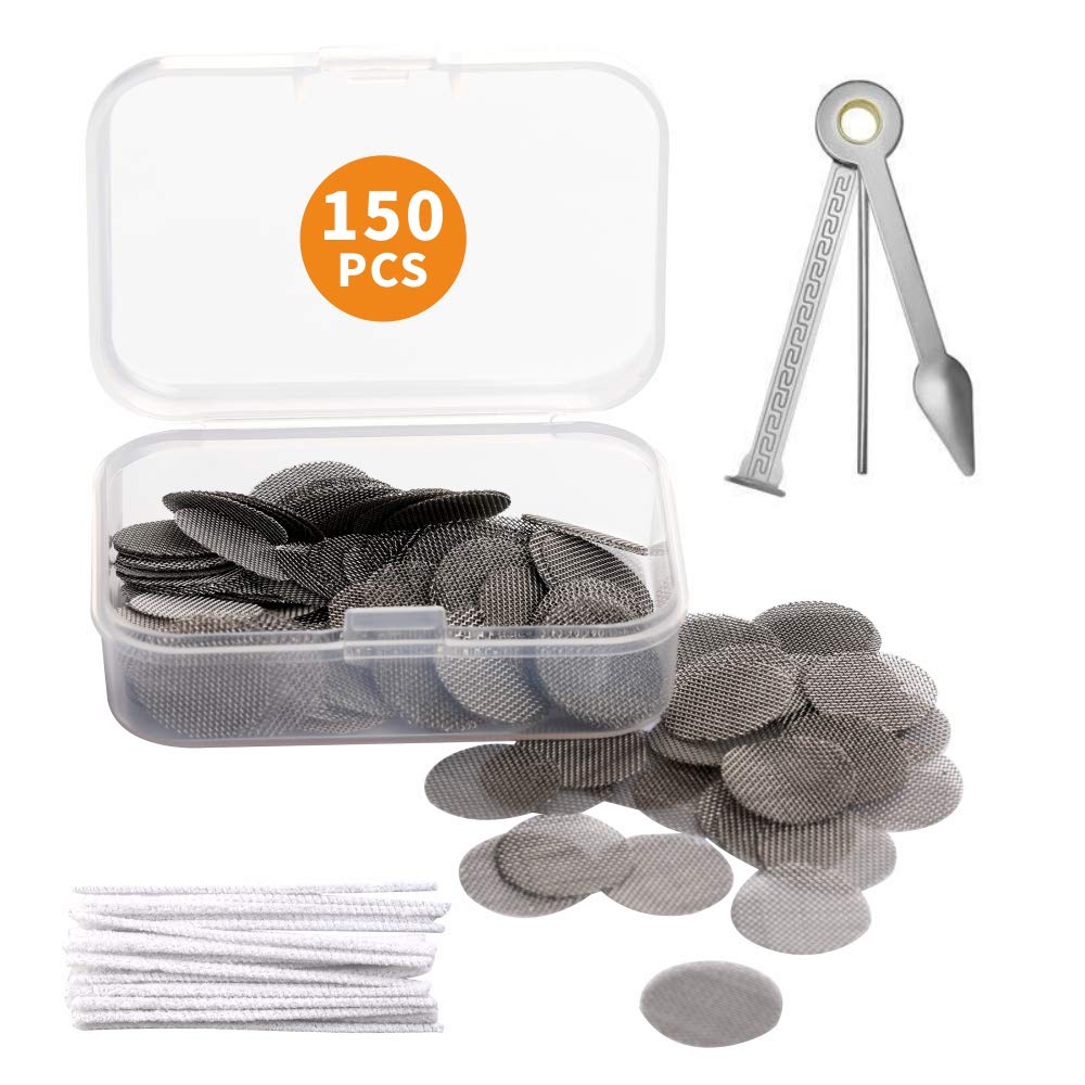 YUNDE 150 Pieces Stainless Steel Smoking Pipe Screens, Silver, 15mm Filters with Storage Box, 3-in-1 Pipe Scraper, 20 Pipe Cleaners