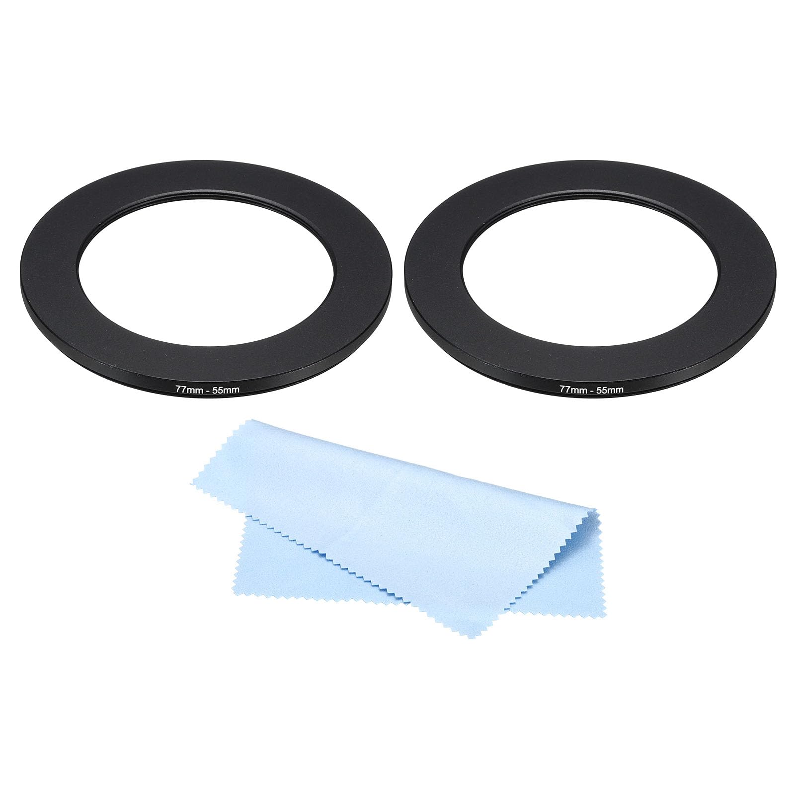 PATIKIL 77mm-55mm Metal Step Down Ring with Cleaning Cloth, 2 Pack Camera Lens Filter Adapter Ring Aluminum Filter Adapter Ring for Camera Lenses Hood, Black