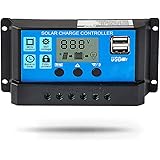 Temank Solar Charge Controller 12V/24V Auto, 10A Solar Panel Battery Controller 10Amp PWM Solar Regulator with Dual USB LCD f