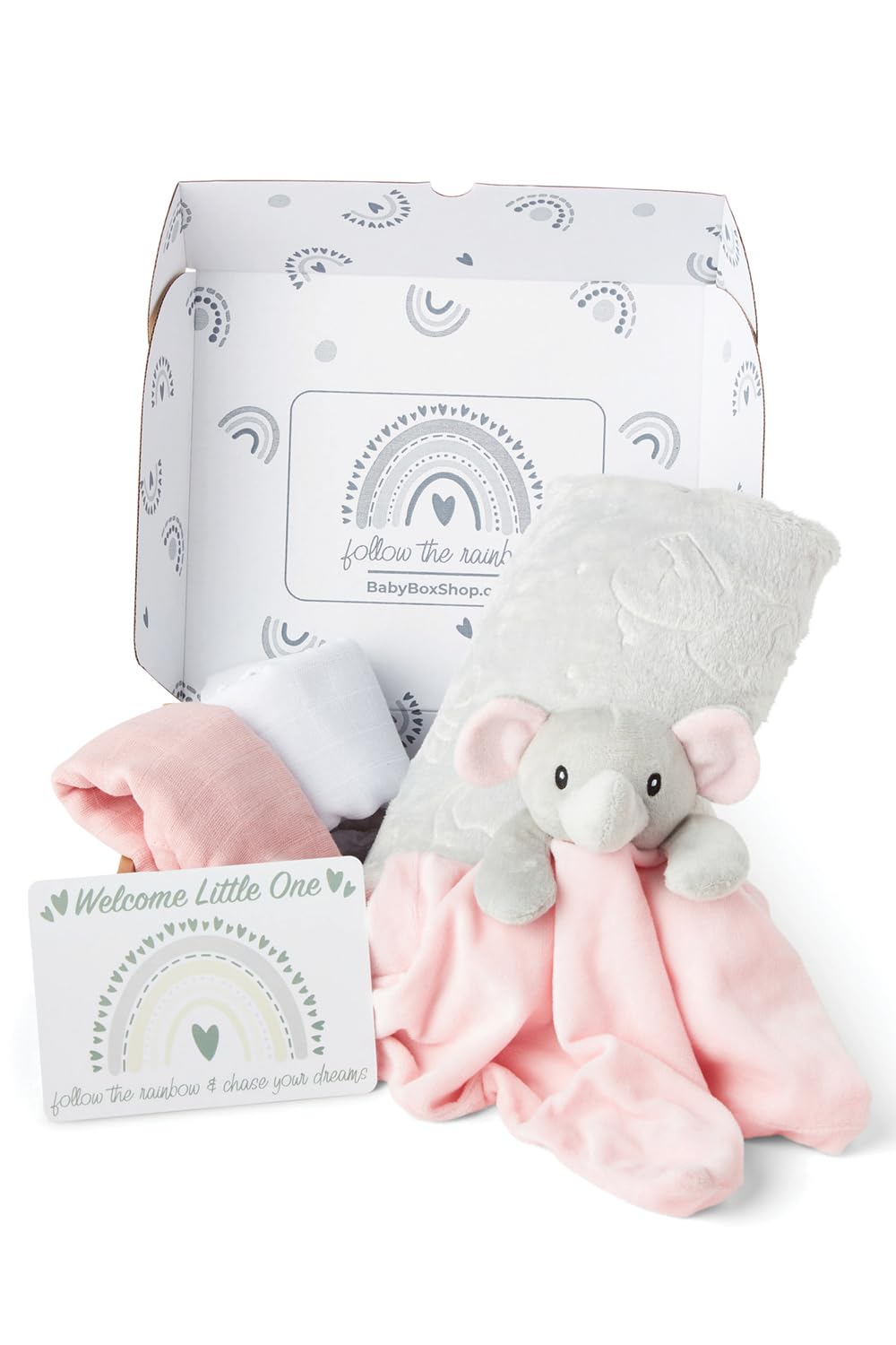 Baby Box Shop - 5 Newborn Essentials Ideal as Christening for Baby Girls, Includes a Pink Elephant Baby Comforter, Flannel Wrap, 2x Muslin Cloths & Gift Message Card