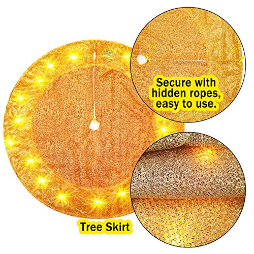 Gold Tree Skirt 40 inch Christmas Tree Skirt with LED Lights Xmas Tree