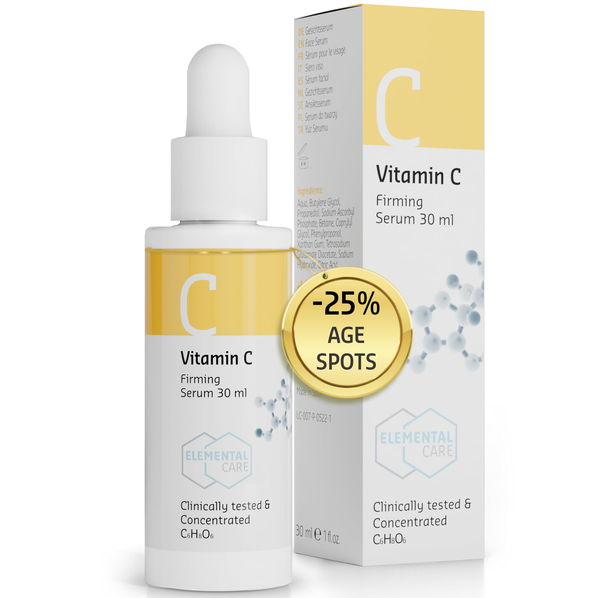 Elemental Care Vitamin C Serum 30ml – Boosts Collagen by 57%, Reduces Age Spots by 25% in 3 Months – Face Serum for Firm, Glowing & Bright Skin