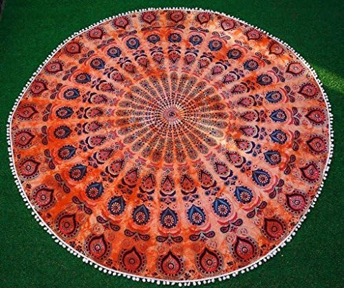 Round Mandala Orange Indian Tapestry Pom Pom Lace Beach Throw Towel Yoga Mat 72 inches