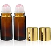 Warmify2 Pack Rose Quartz Roller Bottles for Essential Oils, 50ml Refillable Amber Glass Roll On Bottles with Natural Crystal Roller Balls, Leak-Proof Travel Perfume Bottle with Gold Caps