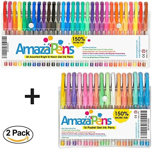 Gel Coloring Pens by AmazaPens, 150% More Ink than Other Sets (46, Pastel &amp; Brights). Perfect for Adult Coloring Books.
