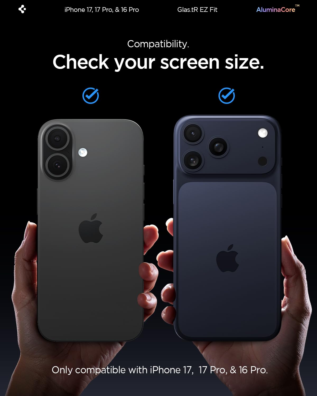 Spigen AluminaCore Tempered Glass Screen Protector [Glas.tR EZ Fit] designed for iPhone 17 Pro | iPhone 17 | iPhone 16 Pro [2 Pack] 9H+ Hardness, Aluminum-Enhanced Durability