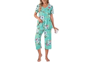 Anyally Women's Summer Capri Pajama Set Short Sleeve Shirt and Pajama Pants 2 Piece Ladies Pjs Sets