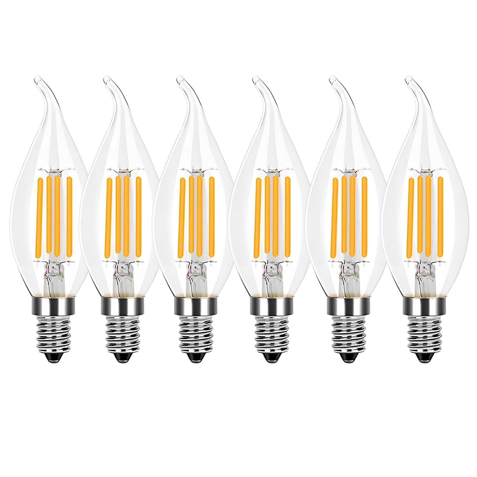 HUAMu E14 6W Dimmable LED Filament Candle Light Bulb, 60W Incandescent Replacement, 2700K Warm White, 600LM, E14 Candelabra Base Lamp, C35 Flame Shape, 6 Pack