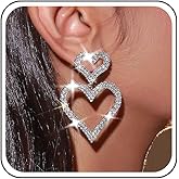 TseanYi Large Heart Rhinestones Dangle Earrings Crystal Big Heart Drop Earrings Gold Open Heart Dangling Earrings Sparkly CZ Love Earrings Exaggerated Bridal Prom Earrings Jewelry for Women Girls