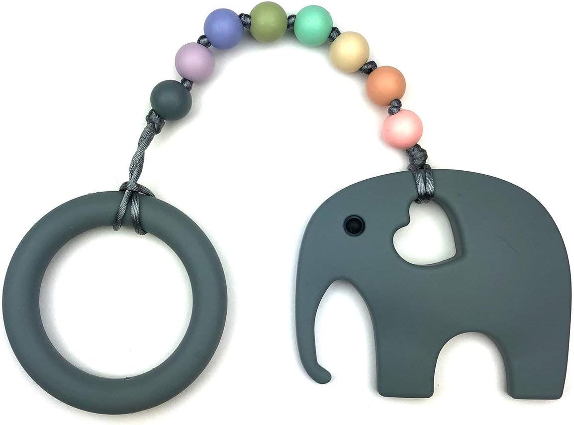 Baby Teething Toys by Nummy Beads Gray Elephant with Ring and Pastel Rainbow Beads Silicone Teether