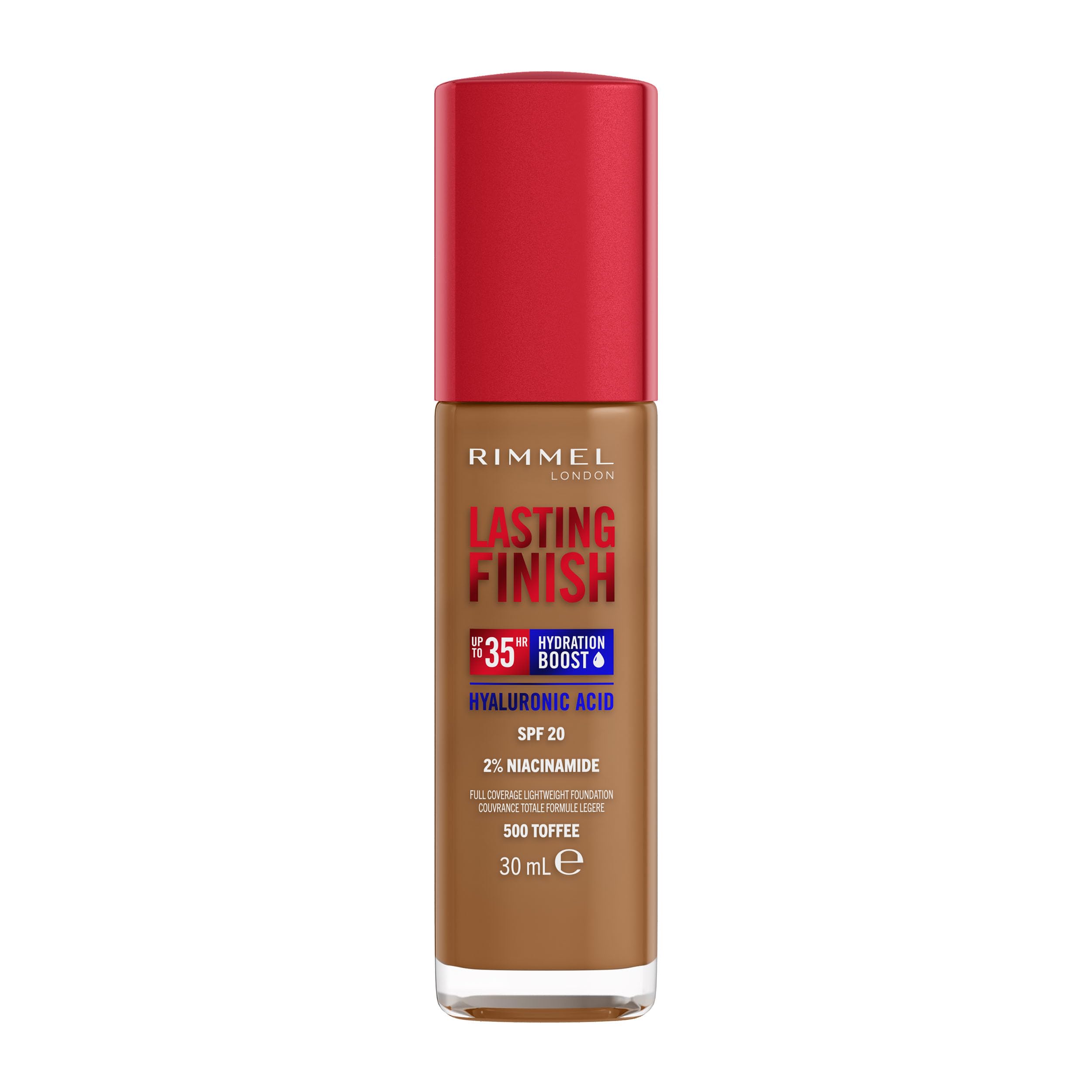 Rimmel Lasting Finish 35Hr Foundation 500 Toffee, Full Coverage, Hydrating, SPF20, Hyaluronic Acid, Vitamin E, 2% Niacinamide, All Day Wear, Vegan, Cruelty Free