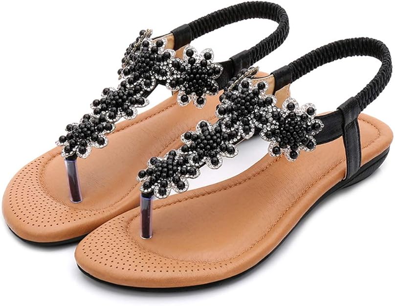 Amazon.com | MUNDERA Women's Summer String Beaded Sandals Bohemia Slip On Elastic Band Comfort 