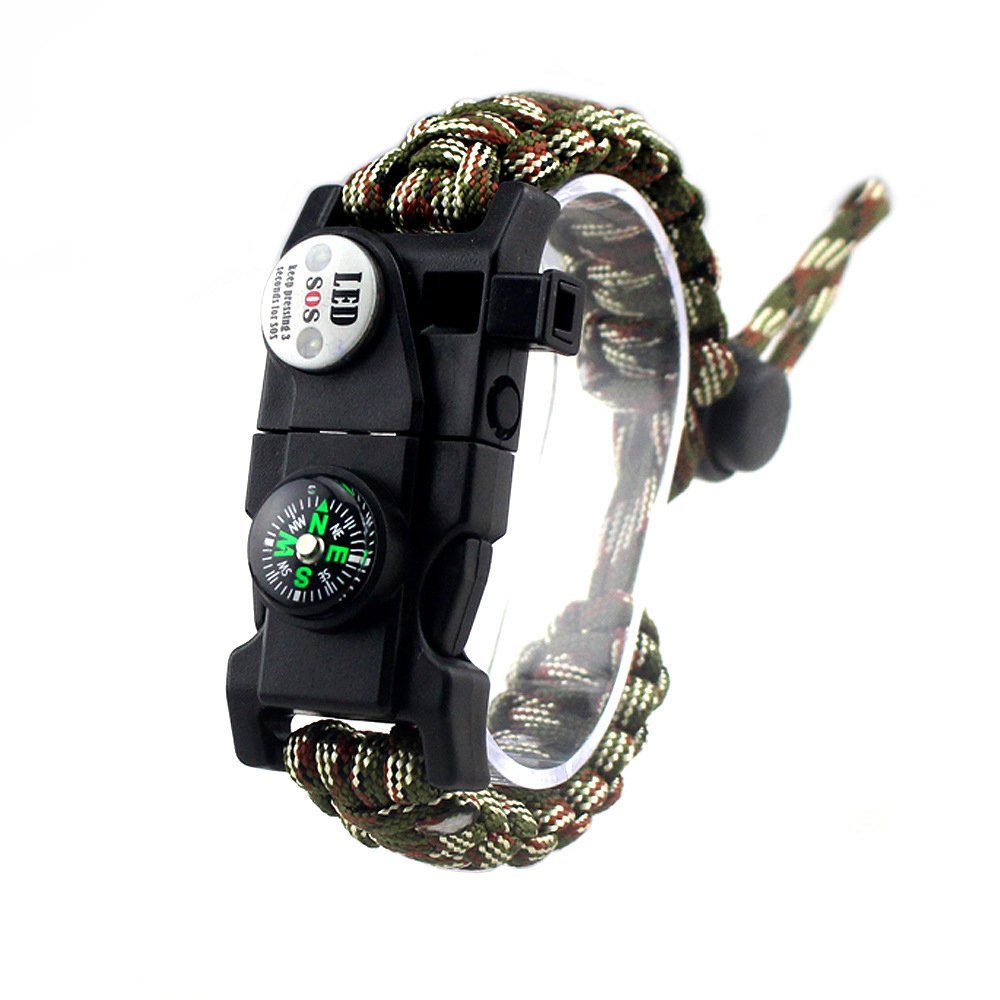 Adjustable Survival Bracelet, 7 Core Paracord 20 in 1 Emergency Sports Wristband Gear Kit with Waterproof LED SOS Light, Compass, Rescue Whistle, Fire Starter Multi-tool for Wilderness Adventure