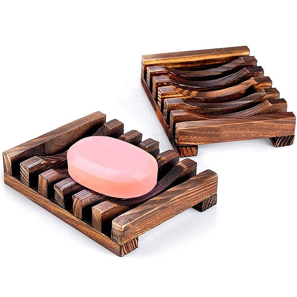 Wooden Soap Dish, Awesocrafts Soap Dishes for Bathroom Shower Soap Holder Tray for Kitchen Home Bath Accessories Hand Craft Wood Soap Case Box (Carbonized, 2 Pack)