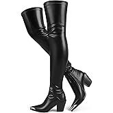 ElegaStep Metal Toe Thigh High Boots Women Leather PU Stretch Over The Knee Boots Slim Calf Block Chunky Heel Metal Cowboy Style Dress Long Boots