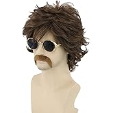 LeMarnia 70s Mens Wigs Brown Short Wavy Shaggy Wig Cosplay Halloween Costume Wigs+Wig Cap and Beard