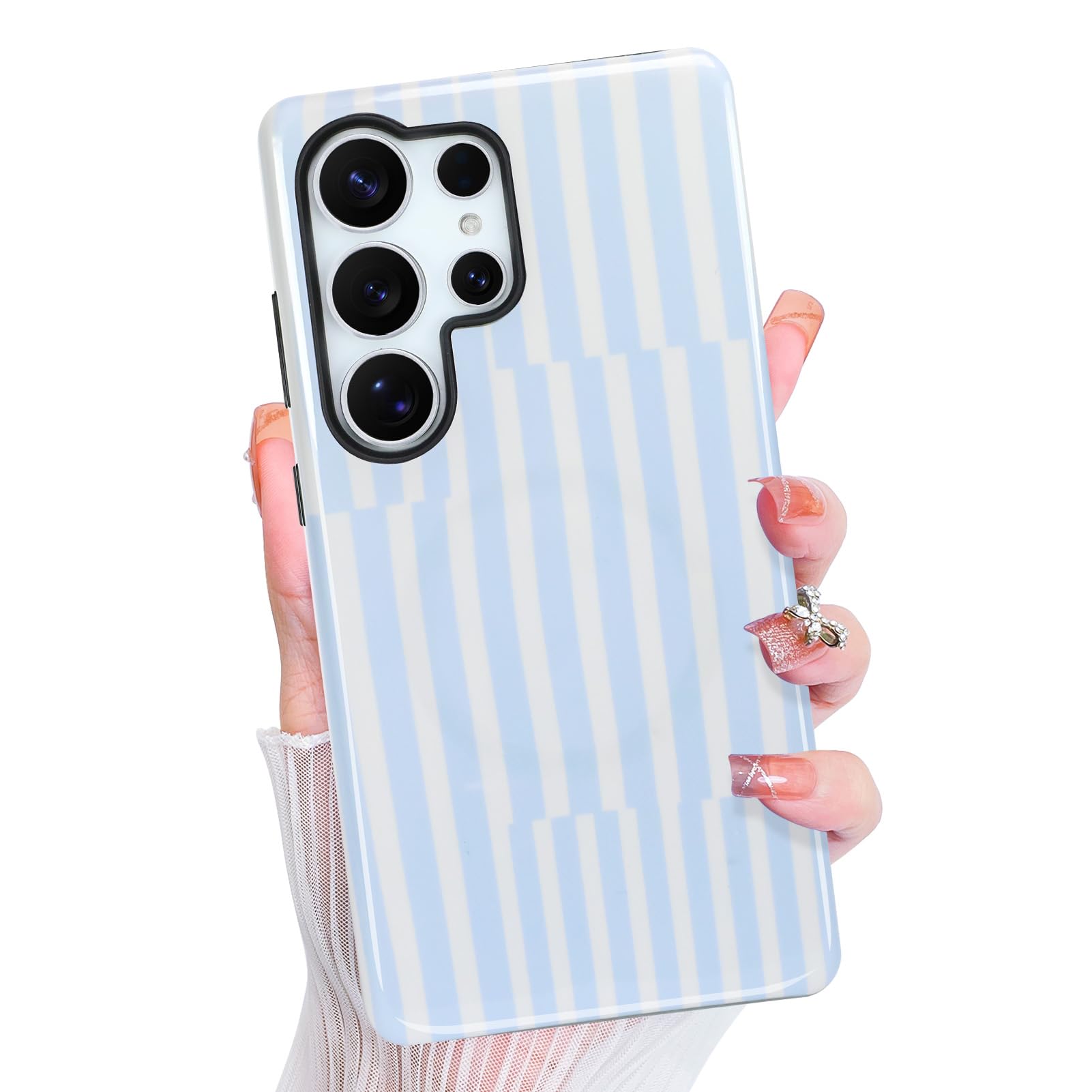 Jefonha Magnetic for Samsung Galaxy S25 Ultra Case Cute Striped Phone case for Galaxy S25 Ultra Women Men, Compatible with Magsafe, Dual-Layer Protective Cover, White Blue Stripes