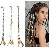 3Pcs Clip in Dreadlock Extensions Boho Hair Accessory - Feather & Beads Pendant Dread Wrap, Handmade Colorful Hippie Hair Accessories for Dreads, Braids & Curls ﻿ ﻿