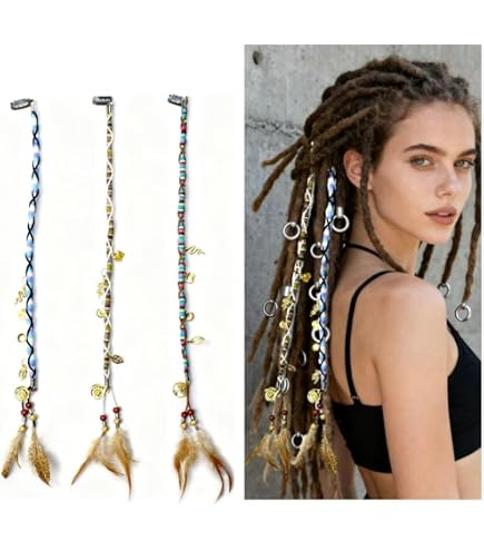 Clip-In Boho Dreadlock Extensions with Beads & Feathers - Brown & Rust Amazon.com : Nutty Natte 2 PCS Hippie Hair Extension  main image 4