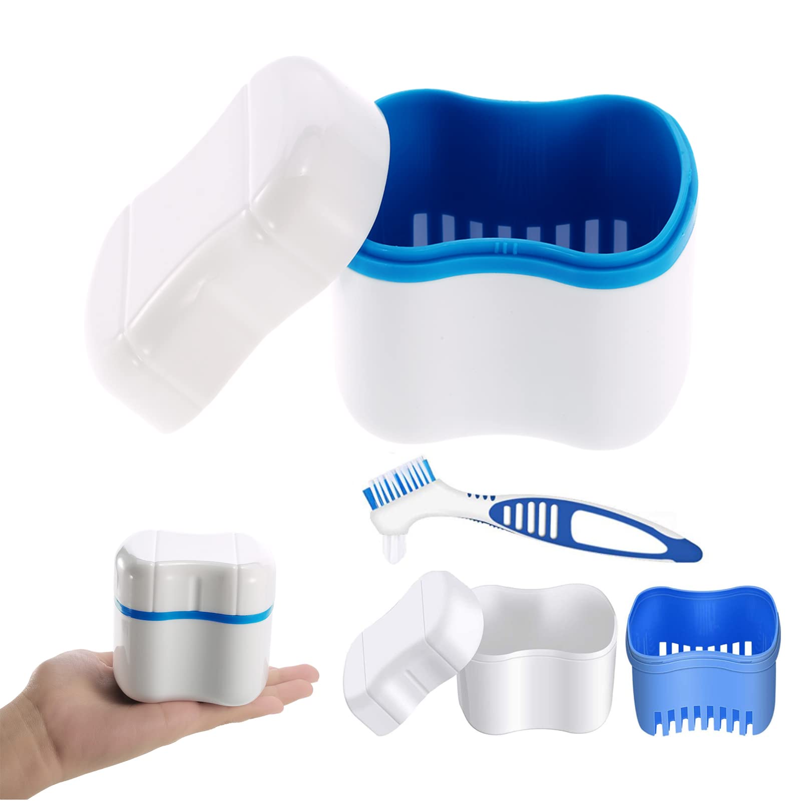SZXMDKH Denture Bath Case with Cleaner Brush, Blue, Denture Holder, Travel Retainer Cleaning