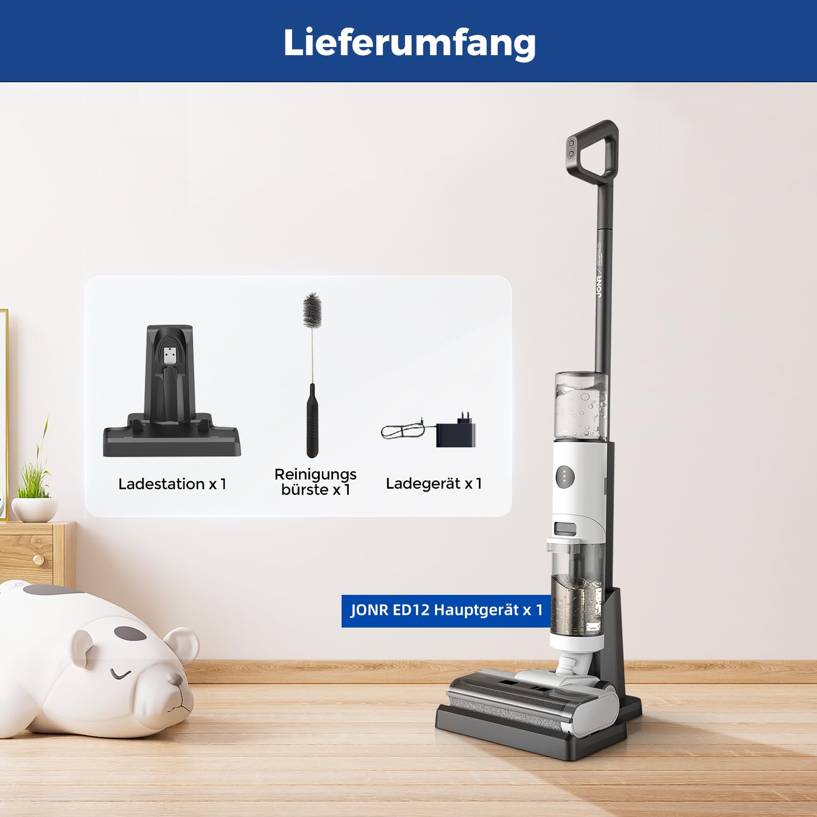 JONR ED12 Nass Trockensauger Akku, Selbstreinigung, Saug Wisch Staubsauger, Saugwischer Kabellos, Kantenreinigungsbürste 6mm, 850mL Wassertank, Anti-Verwirrungs-Haar für Harte Boden, Tierhaare 8