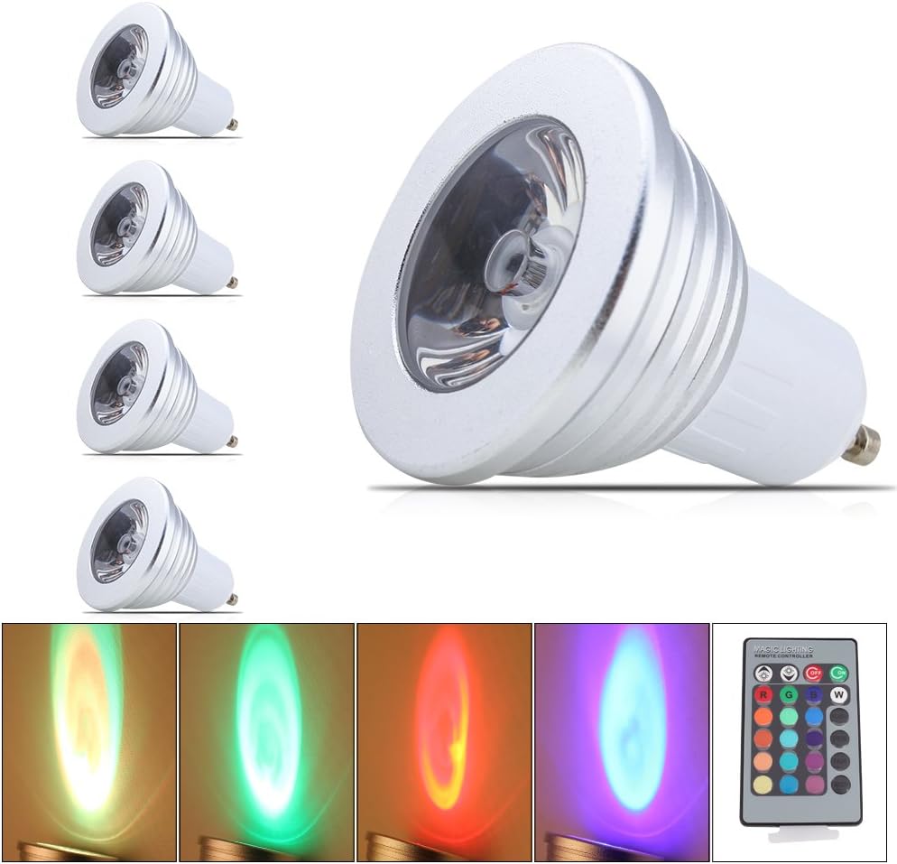 QUESTWAY® 4 Pack Colorful Lighting Dimmable GU10 LED BULBs RGB GU10 LED 3W Spotlight Bulb Color Changing Light With Remote Control GU10 Energy Saving Bulbs