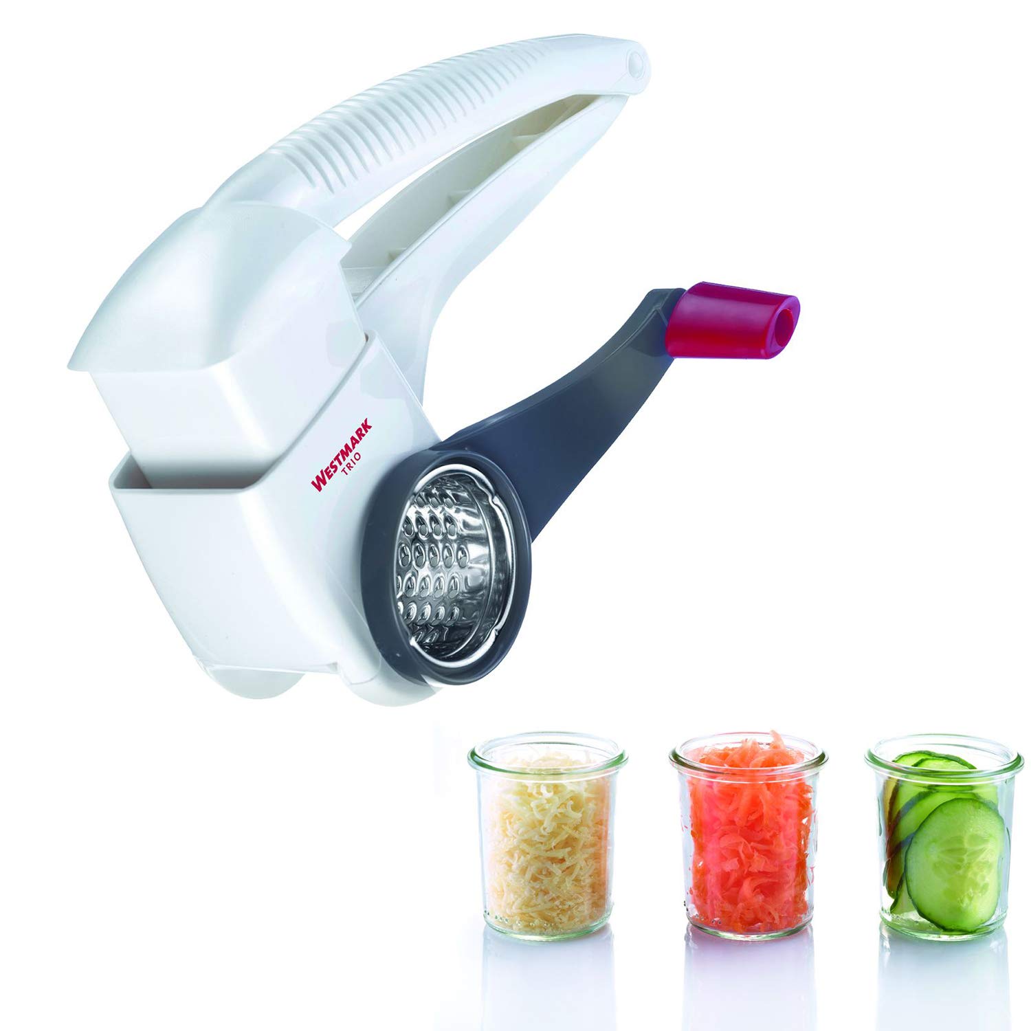 Westmark Drum Grater/Slicer With 3 Cutting Drums And Built-In Plunger, Stainless Steel/Plastic, Trio, White/Anthracite, 11722260