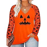 RITERA Plus Size Tops for Women Holiday Casual Blouses 3X Color Block Tunics Halloween Bat Pumpkin Smile Long Sleeve Raglan Sleeve Crewneck Shirts Orange Black Fall Winter 3XL 22W 24W