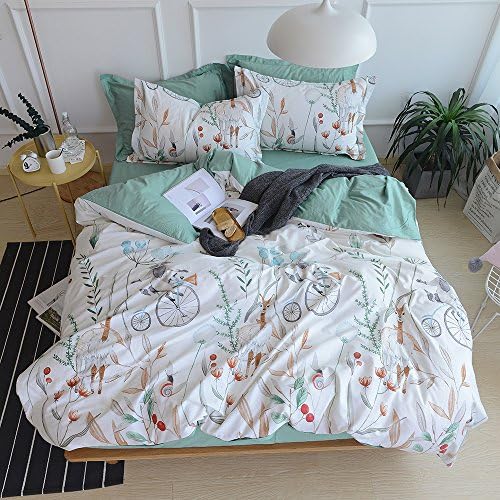 Kids Children Duvet Cover Set Twin Size 100% Cotton Forest Animals Printed Floral Bedding Set Reversible Bedding Cover Set Solid Green Back, Modern Boys Girls Duvet Cover with 2 Shams, Zipper Cloure