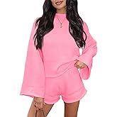 Tankaneo Womens 2 Piece Short Sets Bell Sleeve Mock Neck Oversized Sweater and Shorts Fall Sweater Sets Lounge Matching Set