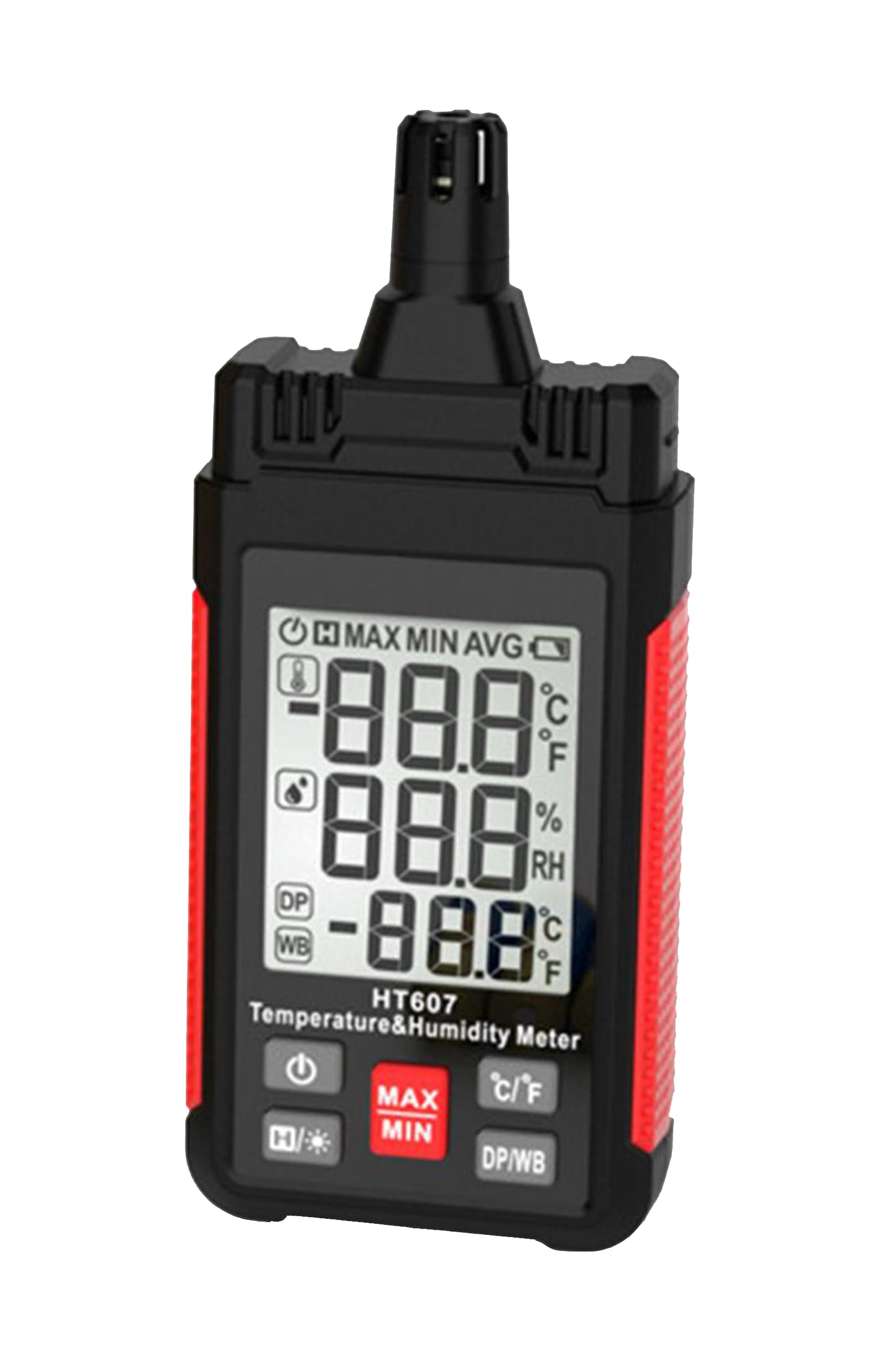 Meichoon Temperature and Humidity Meter with Display C/F Industrial Thermometer Multiple Units of Measurement with Dew Point Wet Bulb Blacklit Display PE50