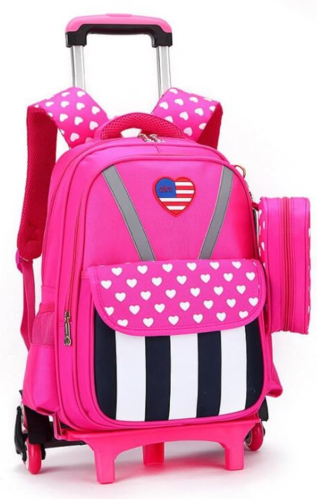 FEC School Bag for Primary School Students Backpack Rolling Trolley Bags Six Wheels Climbing Stairs Rose Red