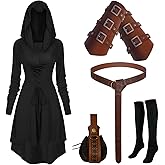 Renaissance Costume Women Hooded Robe Lace Up Dress Halloween Vintage Medieval Cloak