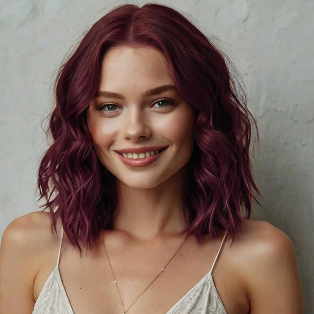 PORSMEER Wavy Curly Red Bob Wigs for Women Natural Synthetic Hair Wig Heat Resistant Fiber for Daily or Cosplay Halloween Party,burgundy 14inch