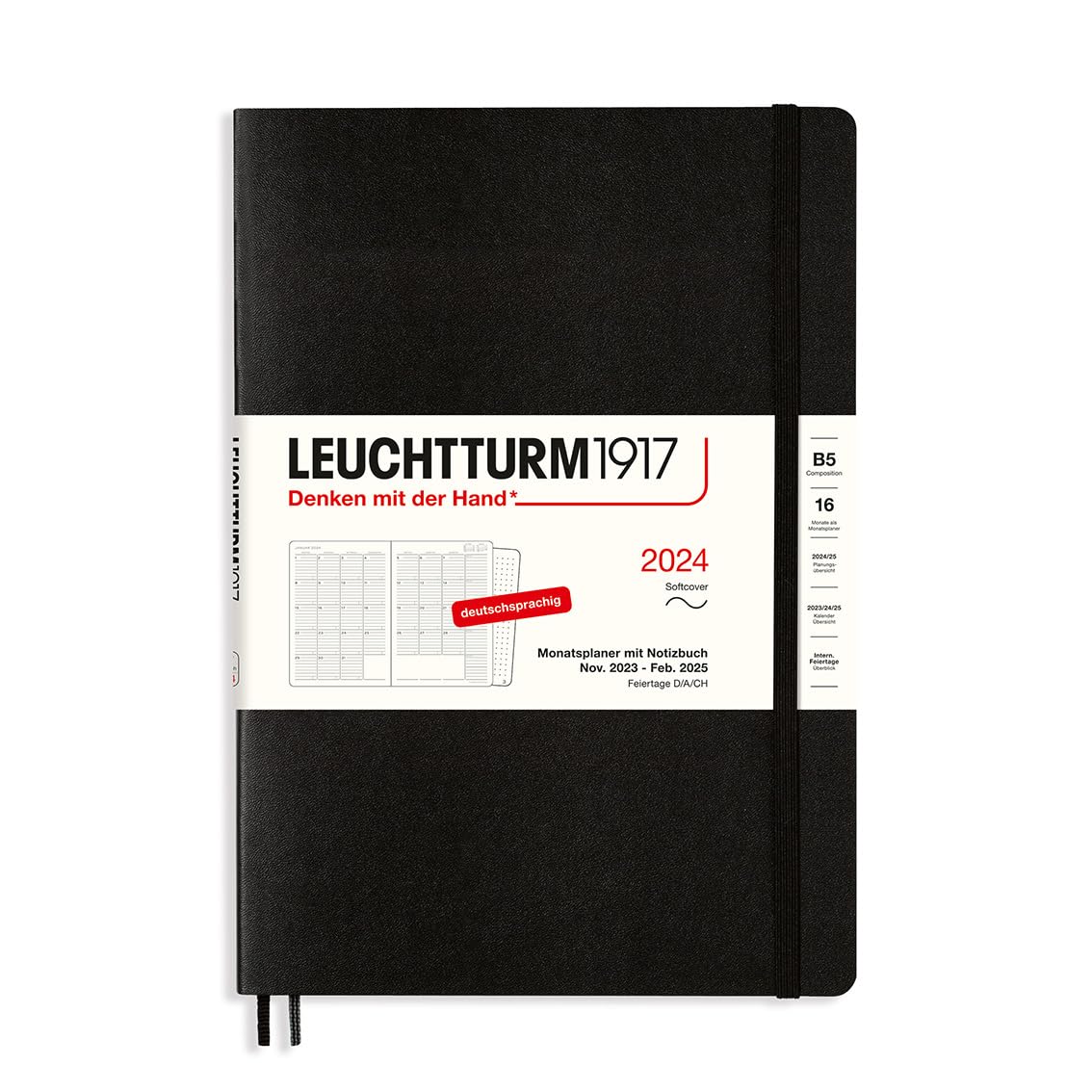 LEUCHTTURM1917 367570 Monthly Planner & Notebook Composition (B5) 2024, 16 Months, Soft Cover, Black, German