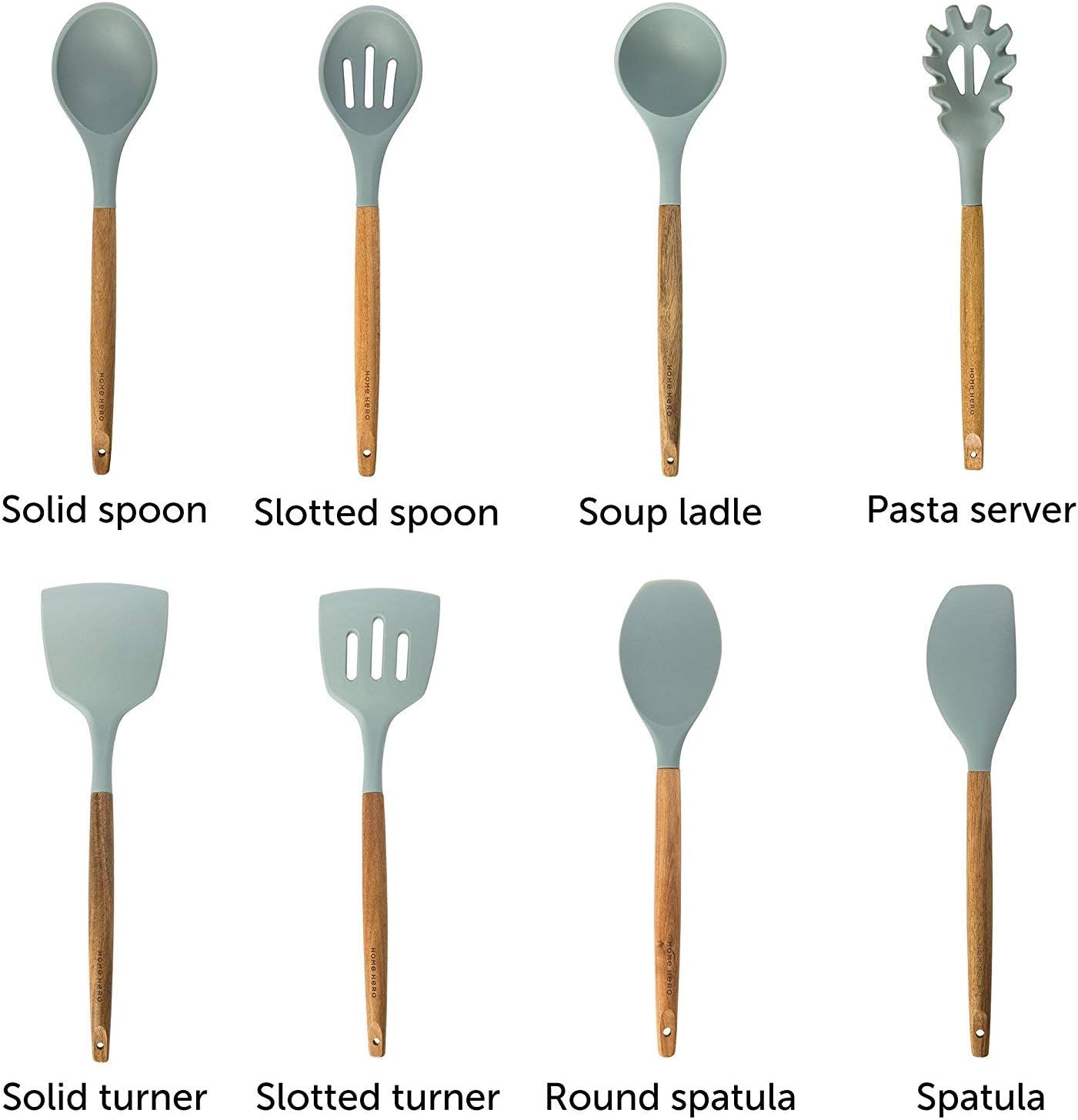 Home Hero Silicone Cooking Utensils Kitchen Utensil Set - 8 Natural Acacia Wooden Silicone Kitchen Utensils Set - Silicone Utensil Set Spatula Set - Silicone Utensils Cooking Utensil Set: Kitchen & Dining