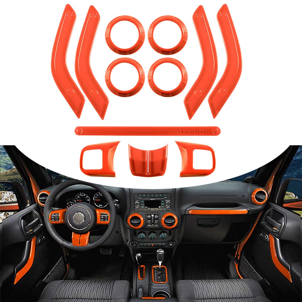 Photo 1 of Opall Full Set Interior Decoration Trim Kit Steering Wheel& Center Console Air Outlet Trim, Door Handle Cover Inner for Jeep Wrangler JK JKU 2011-2017 2 Door &4 Door (Orange 12PCS)