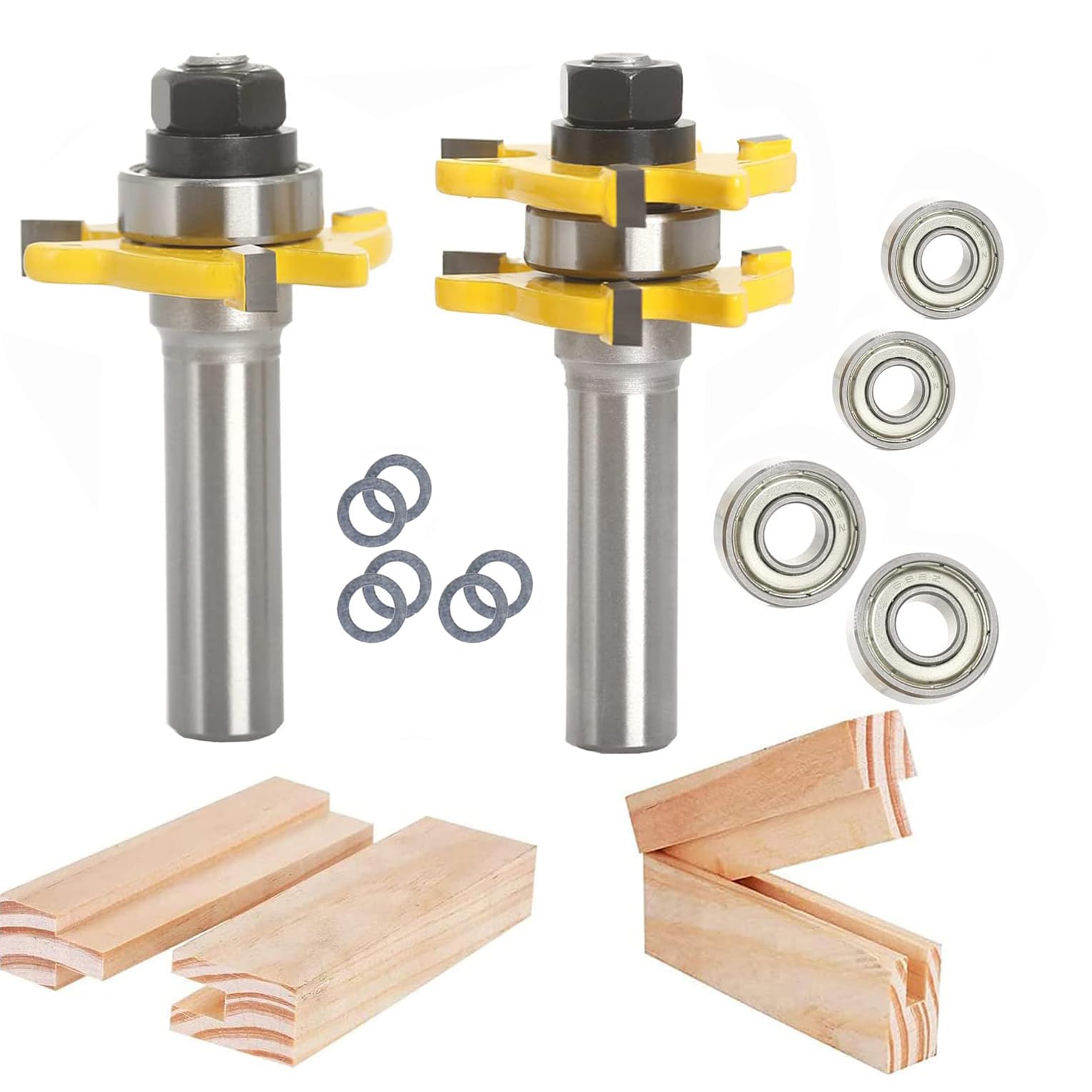 Sinoprotools 2Pcs Tongue and Groove Router Bit Set, 1/2" Shank Tongue and Groove Router Bits, 3 Teeth T Shape Jointing Router Bits,Wood Milling Cutter for Tongue&Groove Joints,Slots(1-3/4" Cut Dia.)