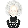 LeMarnia Old Lady Wig Costume Set for Women Short Curly Beige Grey Granny Wigs for Cosplay 100 Years Old Woman Wig Halloween Party Wigs