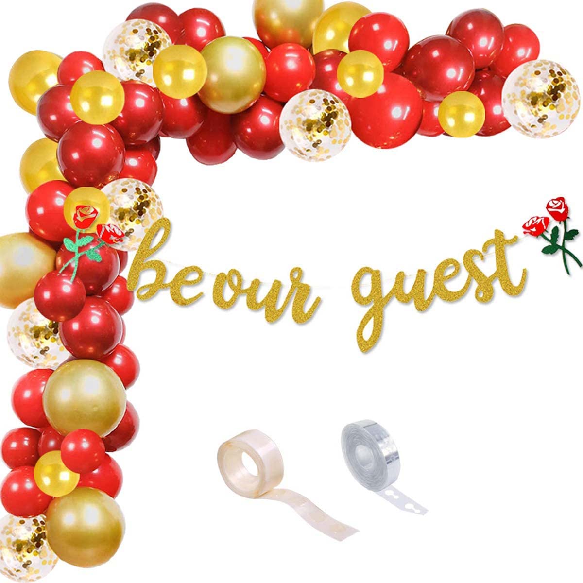Photo 1 of Be Our Guest Party Decoration Banner, Beauty and the Beast Birthday Party Balloon Garland Arch Red and Gold for Bachelorete Party Baby Shower Wedding Engagement Party Housewarming Decorations