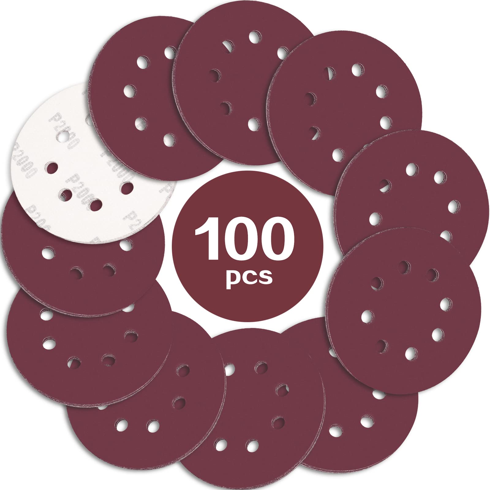 STEBRUAM 100PCS 125mm Sanding Discs 2000 Grit, 5 Inch 8 Hole Hook and Loop Sanding Pads for Random Orbital Sander — image 1
