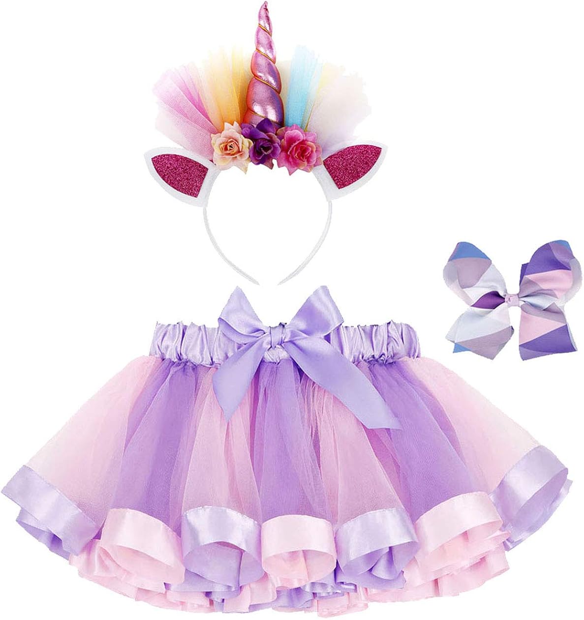 Jasmine Girls 3 Pieces Layered Rainbow Tutu Skirt,Unicorn Headband & Hair Bow for Dress up Costume