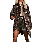 chouyatou Women's Leopard Print Faux Suede Trench Coat Notched Collar Double Breasted Pea Coat