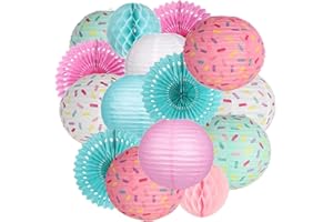Aiminjey 15PCS Donut Birthday Party Decorations 30cm 25cm 20cm Hanging Donut Paper Lanterns Paper Fan Honeycomb Ball Baby Sho