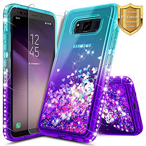 Galaxy S8 Active Case w/[Tempered Glass Screen Protector], NageBee Glitter Liquid Quicksand Waterfall Floating Flowing Sparkle Bling Diamond Girls Cute Case for Samsung Galaxy S8 Active -Aqua/Purple