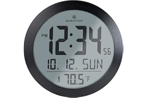 Marathon Large 10-Inch Round Digital Wall Clock with Easy to Read Display, Black/Stainless Steel, AM/PM or 24-Hour Time, Eigh