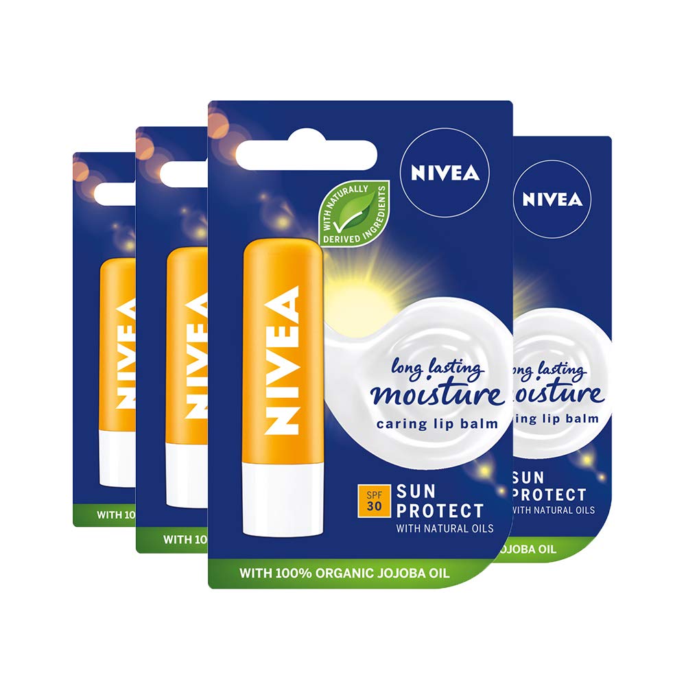 Nivea Sun Protect Caring Lip Balm, SPF30, Shea Butter, 24h Moisture Care, 4 x 5.5ml