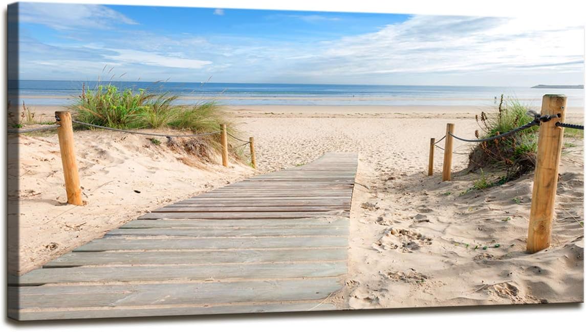 youkuart Canvas Prints,Beach Scenery Wall Art Oil Paintings Printed Pictures Stretched for Home Decoration (24inchx48inch, Blue)