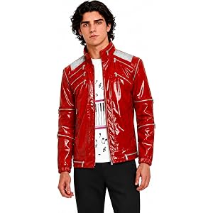 INUMZE 80s Rock Jacket Men Red Faux Patent Leather Jacket for Halloween and Themed Parties