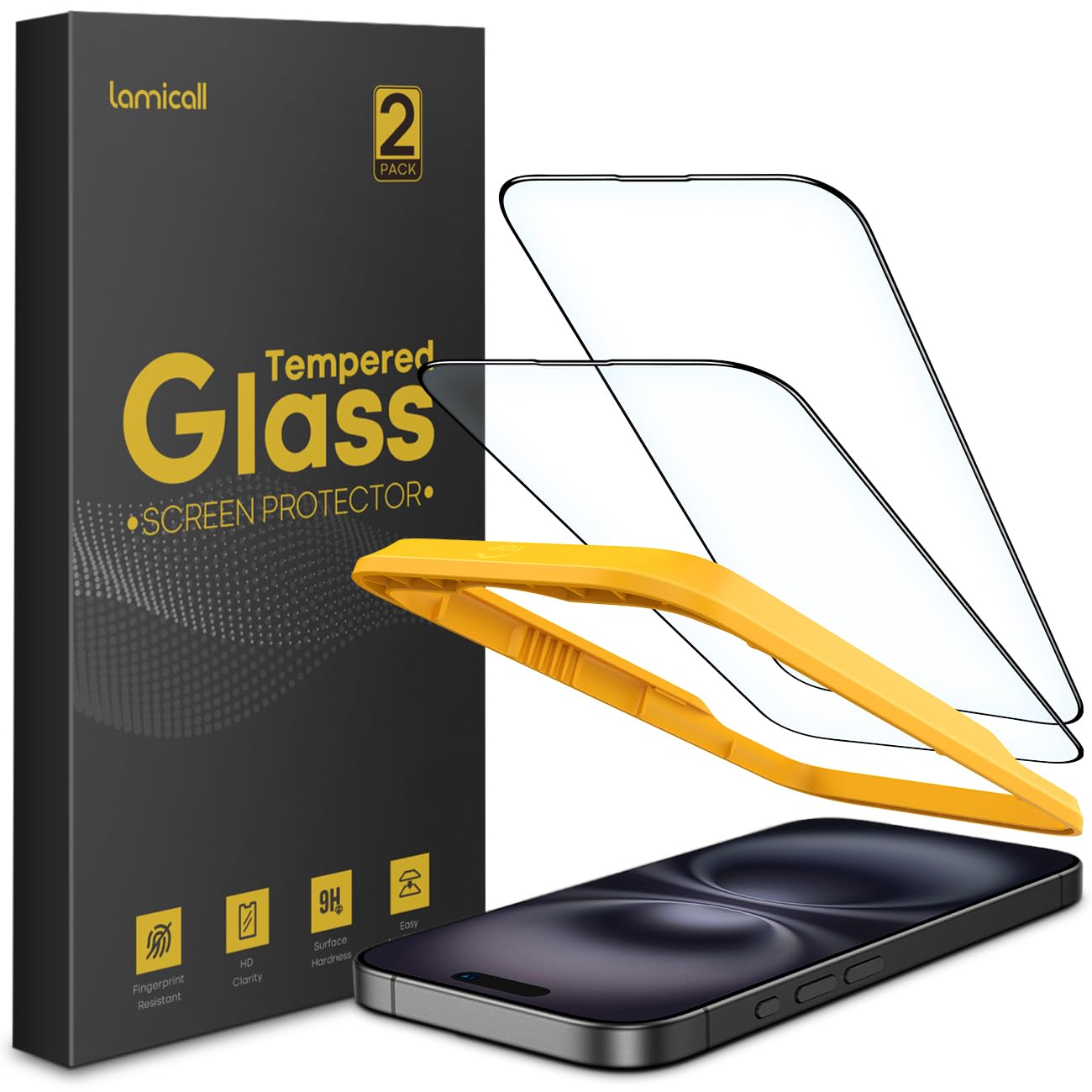Lamicall Screen Protector for iPhone 16 Plus/ 15 Plus (6.7"), [Top 9H Tempered Glass Film], Easy Alignment Frame, Fingerprint Resistant, 0 Bubble, HD Clear for iPhone 16 Plus Tempered Glass - [2 Pack]